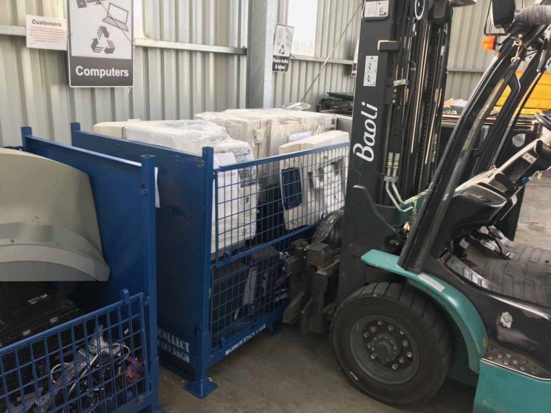 We now have three TechCollect e-waste drop-off sites in Tasmania, servicing both the north and south of the state. They are situated in Mowbray, Baretta and Mooreville. Pictured above are full stillages at our Launceston site.